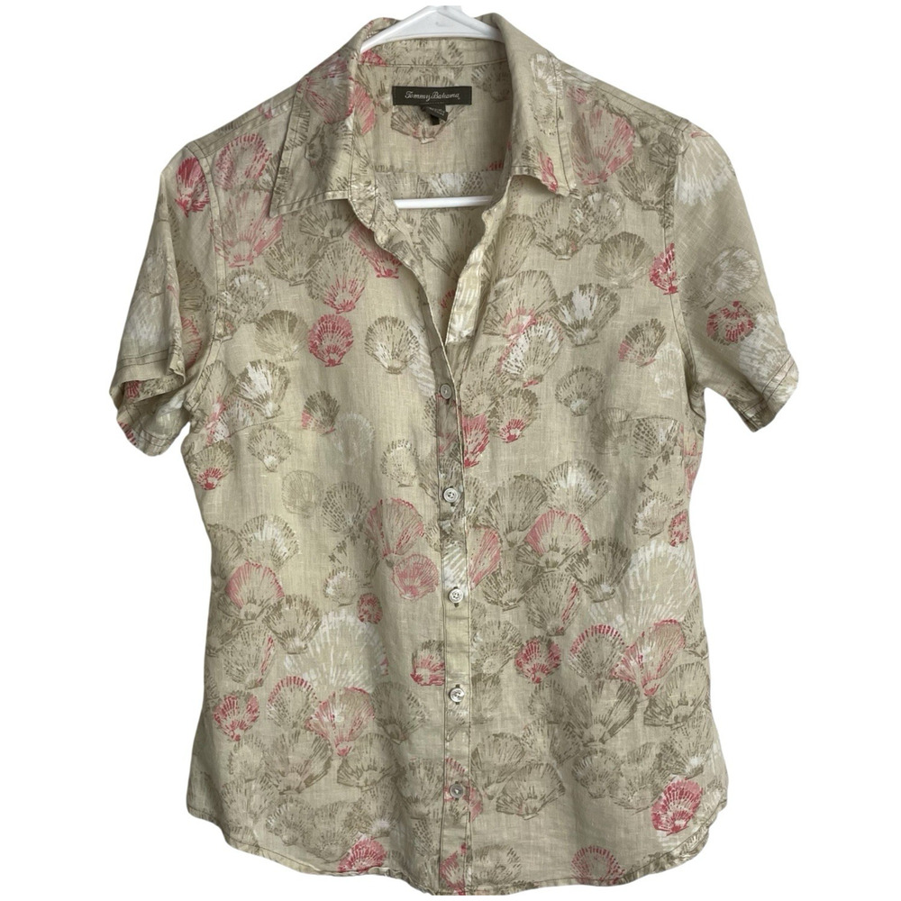Tommy Bahama 100% Linen Shirt Blouse Womens XS Tan Beach Seashells Short Sleeve